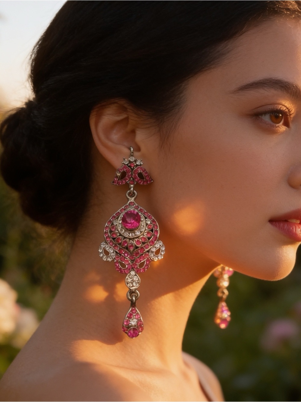 Victorian Fuchsia Crystal Diamond Gothic Chandelier Dangle Earrings